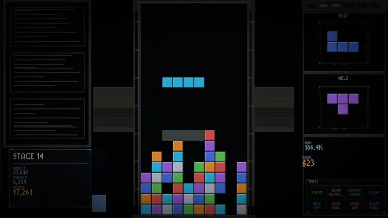 OVERSTACK gameplay at stage 14: an I-piece falls toward a colorful stack, with next, held and buff panels