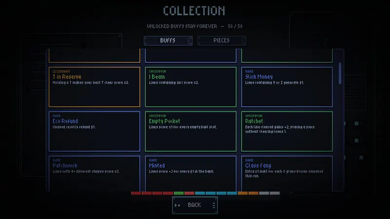 Collection screen listing unlocked buffs such as T in Reserve, I Beam and Stick Money