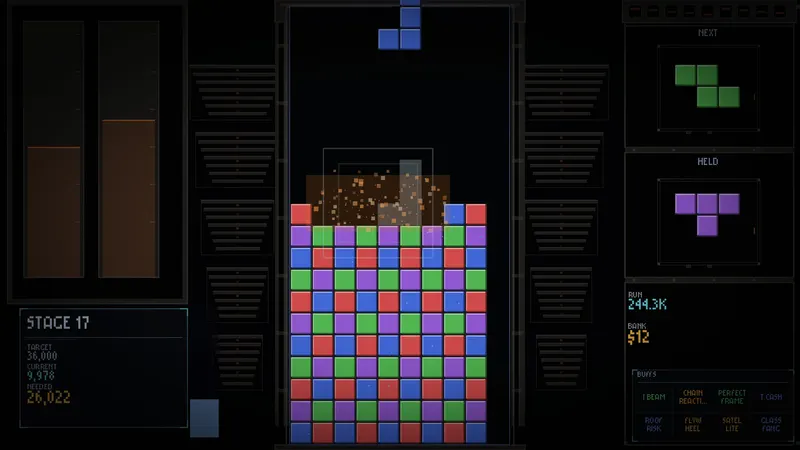 A tall multicolored stack throwing sparks during a line clear at stage 17
