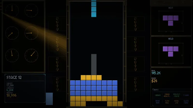 Stage 12 board with blue and gold rows beside a panel of clock gauges